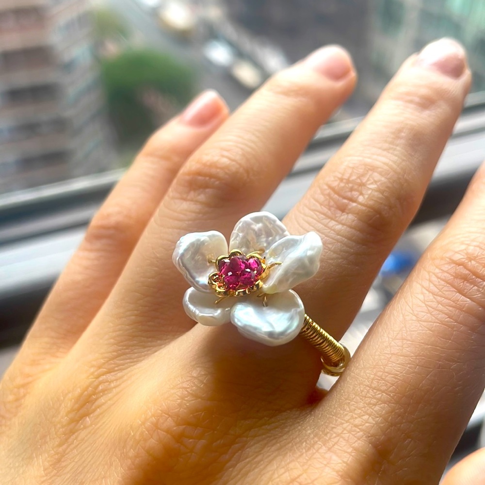 Handmade Opal & Ruby Flower Ring